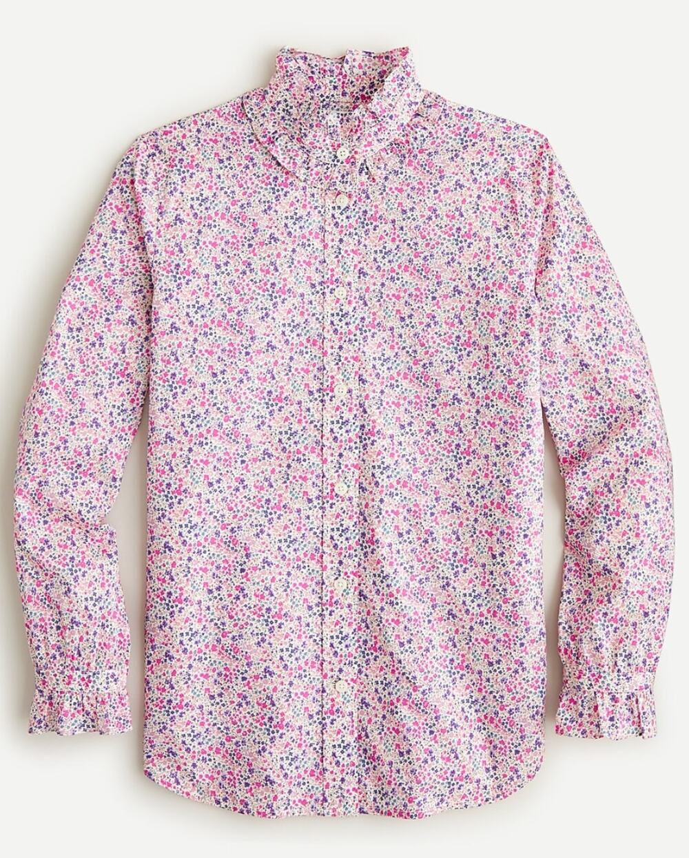 J CREW Liberty Phoebe Pink Floral Cotton Ruffle Mock Neck Button-Front Size 0